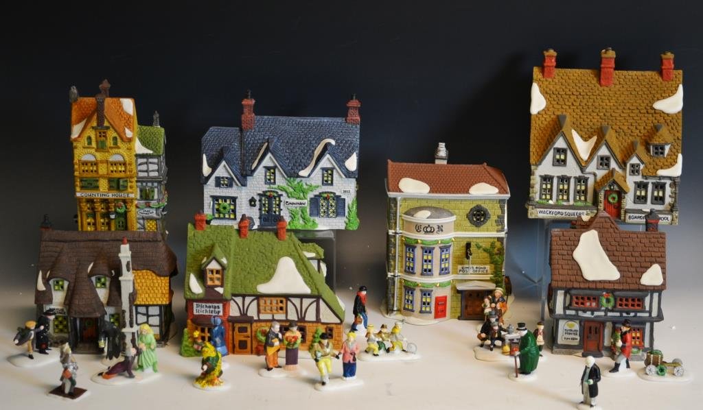 Heritage Village Dickens' Collection, Group of Ele: Heritage Village Collection group including; "Oliver Twist" 5554-9, "Christmas Carol Spirits" 5589-1, "Nicholas Nickelby" 5929-3, "David Copperfield" 5561-4, "Silas Thimbleton Barrister" 5902-1, "King