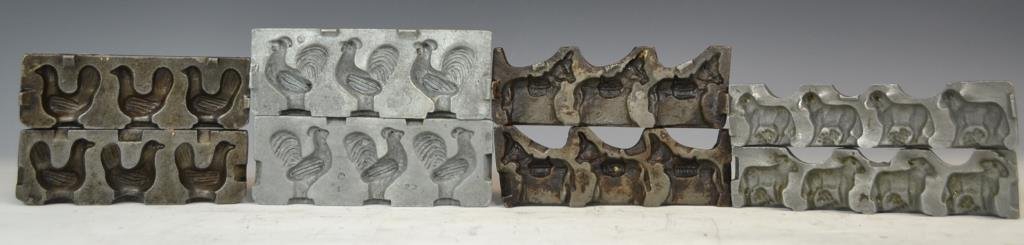 Three Clear Toy Candy Molds - Sheep, Chicken, Bur: Clear Toy candy molds including a sheep (#7) a Chicken (#D2 21 or 27) and a Burro (VCLAD and Sons, Phil)