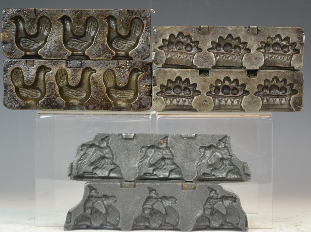 Three Clear Toy Candy Molds- Chicken, Fruit Bowl: Clear Toy candy molds including a cast iron chicken (#21) a Monkey on a Camel (#139) and a cast iron fruitbowl