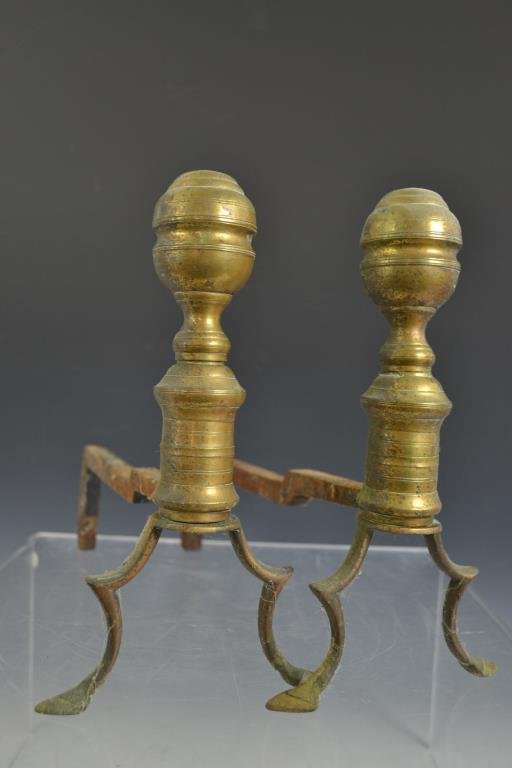 Pair of Early 19thC Brass Andirons: Pair of early 19thC Brass Conneticut Valley Andirons nice petite size, measuring 10.5"H x 13"D