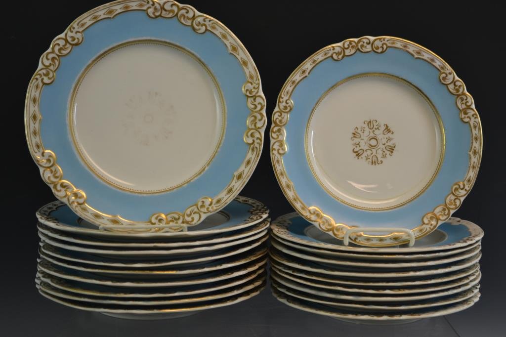 Partial Dinner Service, French: Partial dinner service believed to be French including 10 plates 10 1/2" and 10 plates 9" (one of the plates has an old repair; two staples)