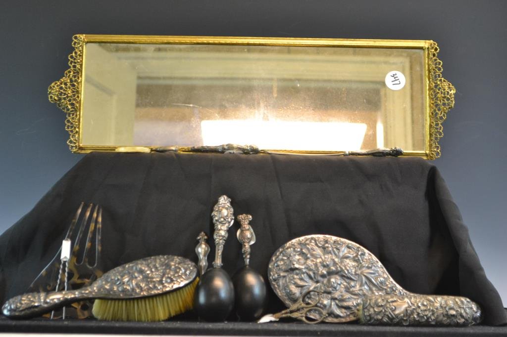 Sterling Silver Grooming Items: Sterling silver grooming items include; two sock darners with sterling handles and ebony eggs, grooming scizzors with sterling handles, a shoe horn with a sterling handle, grooming accessory with ster