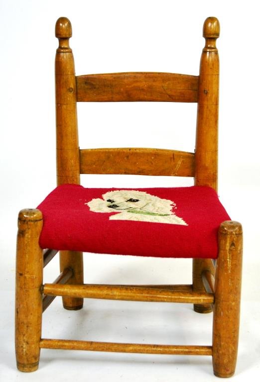 19th C Windsor Child's Chair: 19th Century child's Windsor chair with embroidered poodle on seat