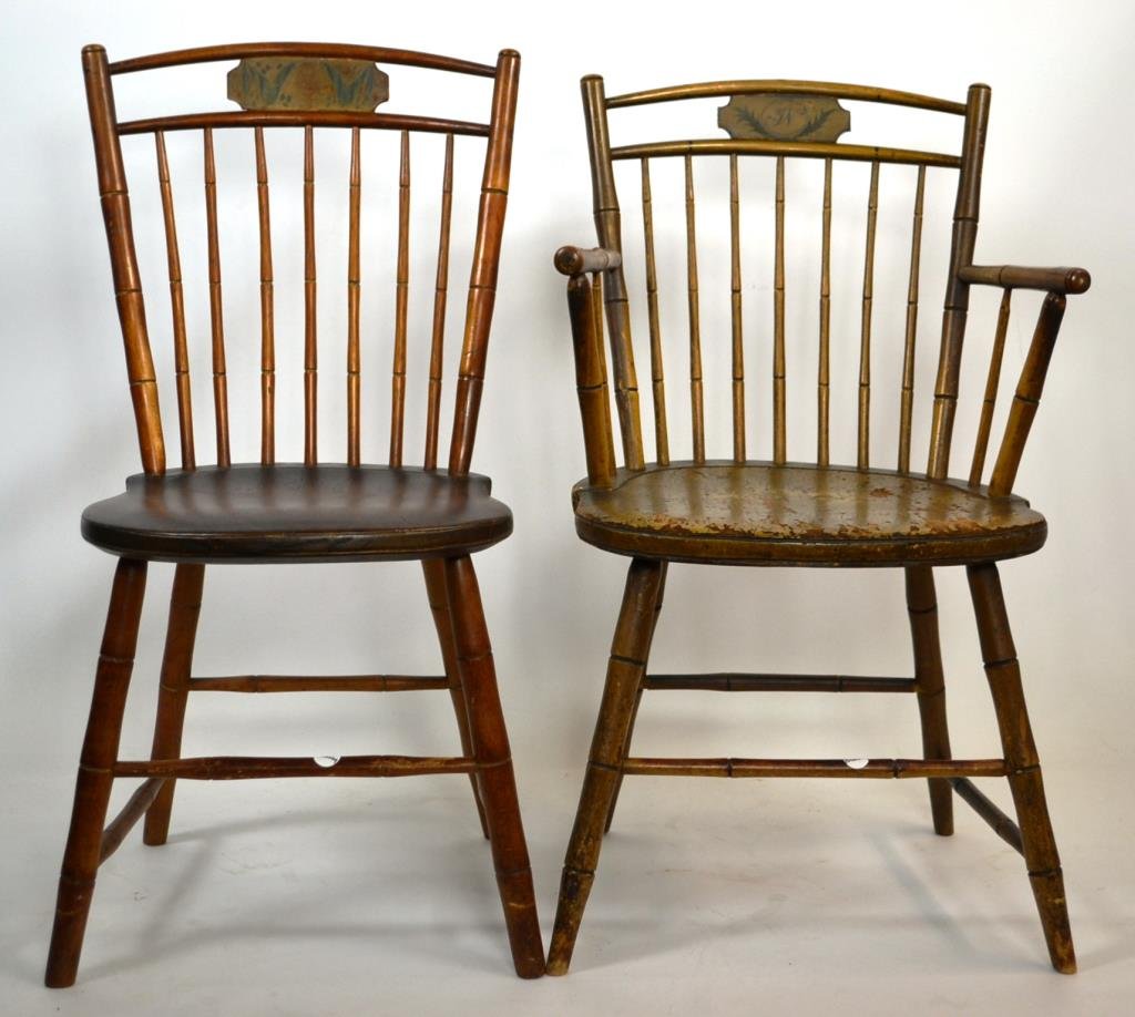 Painted Windsor Chairs: Pair of painted 19th C Windsor Chairs includingÂ one arms chair and a side chair