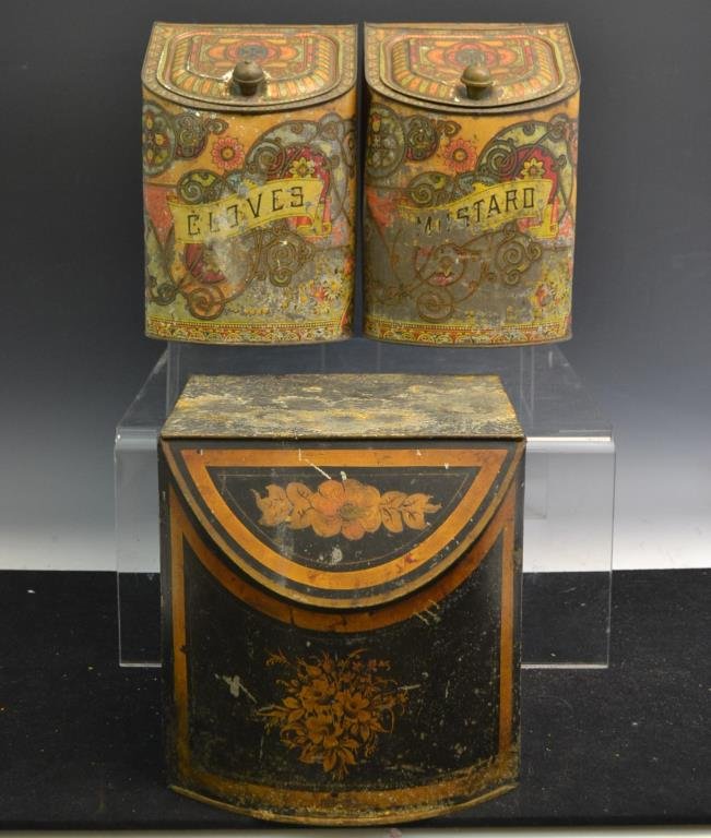 Three 19th C General Store Painted Tins: Grouping of three 19th C general store painted tins including a tole decorated tin, cloves tin, and a mustard tin (with loss)