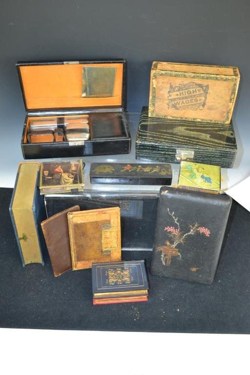 Mid Century Decorative Boxes & Items: Grouping of decorative boxes including a travel case, a High Wages cigar boxes, a billfold, an Asian style pencil box, photo box and Match Boxes and a Hide-A-Book