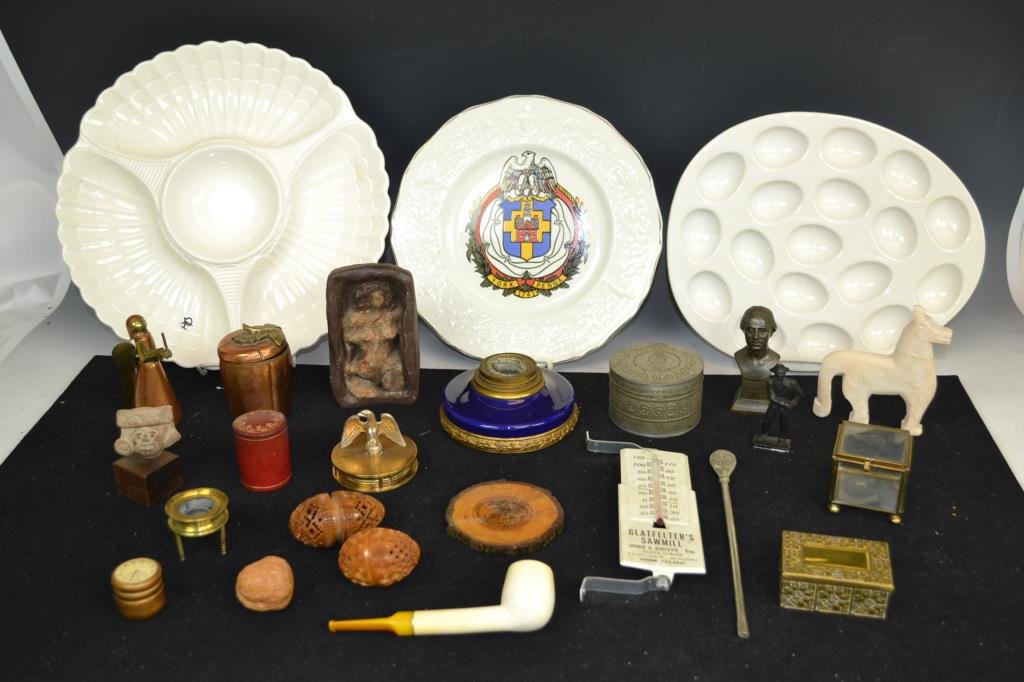 Decorative & Serving Items: Grouping of decorative and other items including a veggie tray, deviled egg tray, York Commemorative plate, Glatfelter advertising thermometer, brass trinket box, 2 cast metal George Washington items,