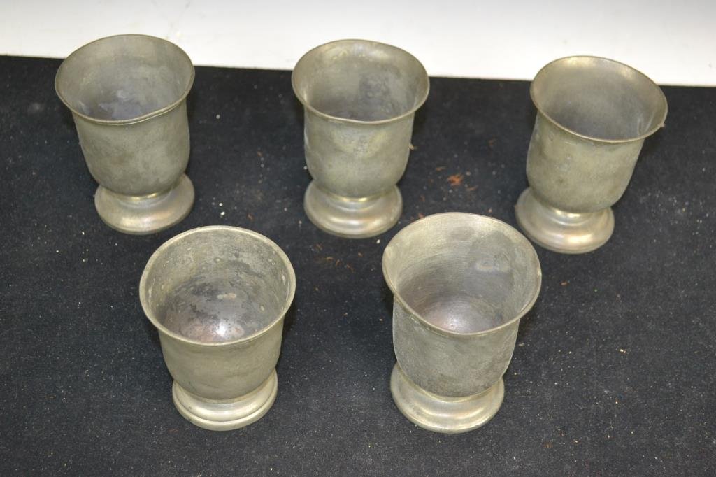 Set of Four Half Pint Pewter Goblets: Set of four half pint pewter goblets with proofmarks of George the 4th and Victoria; one additional goblet included, that items has no proofmarks