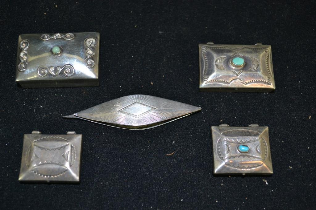 Grouping of Four Small Boxes: Grouping of four small silver boxes, South West America possibly Native American manufacture, two unmarked, also includes a sterling tatting tool