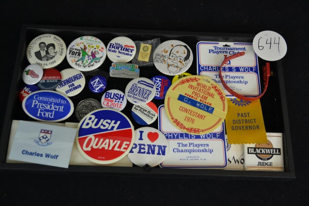Grouping of Political, Golf, and York Fair Pins: Grouping of Political, golf, and York Fair pins including; Nixon/Agnew, Thornburgh for Governor, Thornburgh for Senate, Bush/Quail 1992, Bush for President, Bring back Dick, York Agricultural Society 