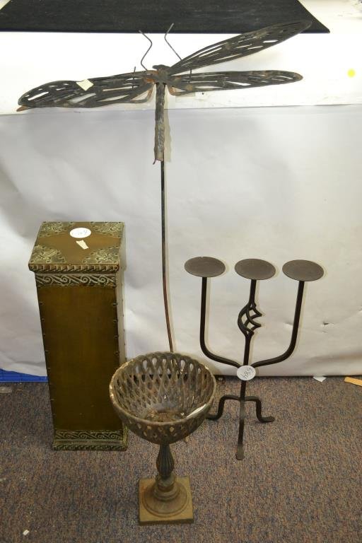 Garden and Yard DÃ©cor: Garden and yard dÃ©cor includes; two planters and a dragonfly; tallest planter is 21" H, second planter has a basket form, and a metal dragonfly, also includes a 24" plinth or pedestal