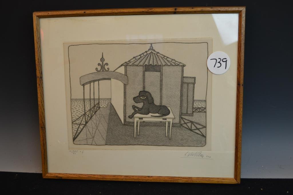Giuseppe Viviaini (1898-1965) Signed and Numbered: Signed and numbered #22 of 50, signed in pencil on etching as well as mount; image depicts a dog reclining on a table at a seaside pier, great midcentury look, measures appx 16" x 19" OD