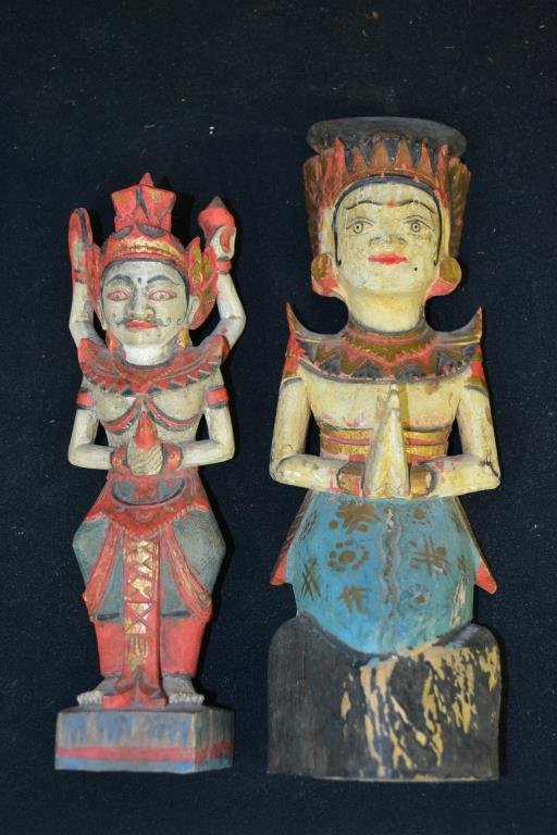 Two Polychrome Wooden Figures from Ubud, Bali: Two Polychrome figural wooden carvings from Ubud Bali, possibly from the Saraswati temple; the woman has faint gilding as well, and measures 11.75" H, the four armed Warrior measures 9.5" H