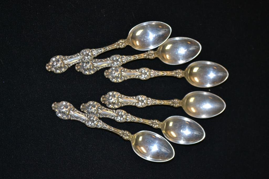 Set of 6 Sterling Demitasse Spoons by Alvin Mfg. Co.: Late 19th Century to early 20th Century Set of Demitasse spoons. Made by Alvin Manufacturing Co. of Rhode Island. Currently a division of Gorham. Total weight 2.41 troy ounces