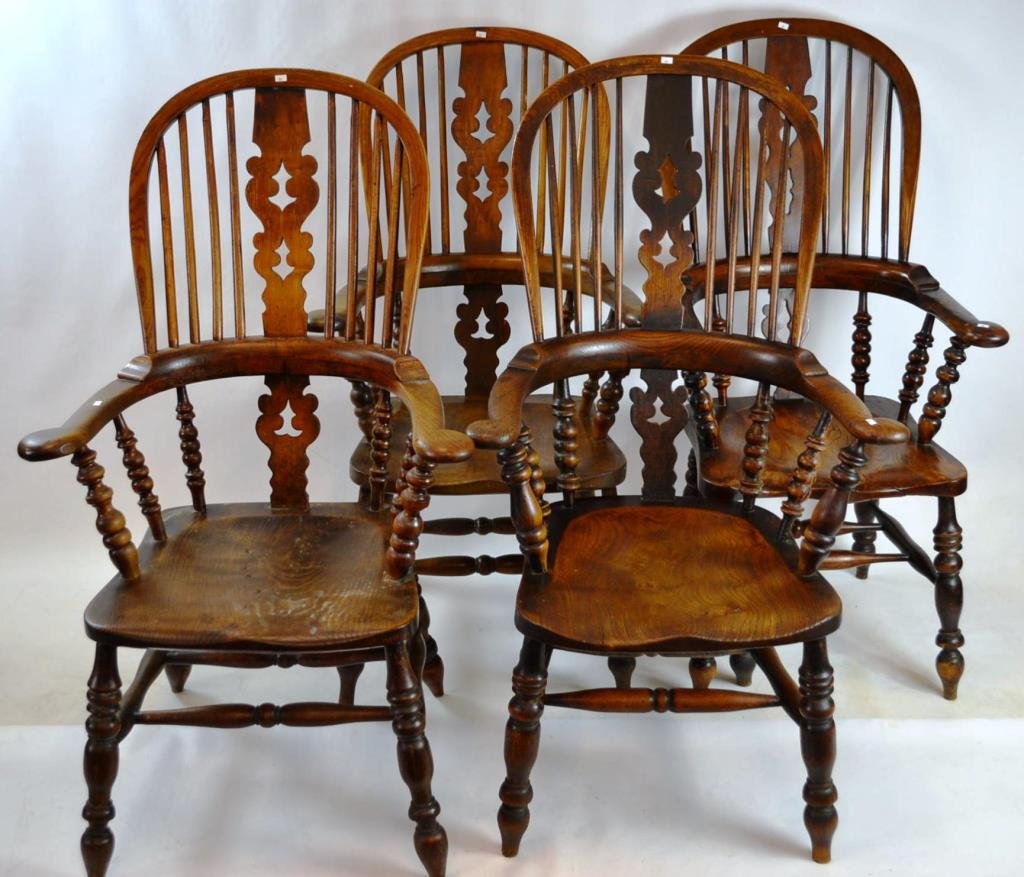 Four Early 19th C English Yew Wood Windsor Armchai: Assembled set of four English Yew wood Windsor armchairs early 19th C with H stretchers - some repairs
