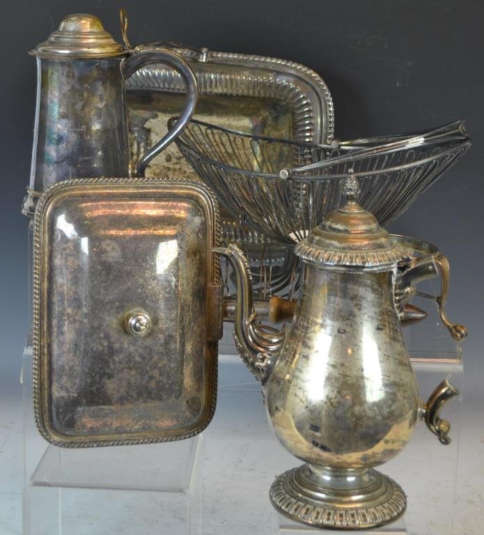 Collection of Old Sheffield Silver: Old Sheffield silver collection consisting of two fruit baskets, one tankard, one coffeepot, one toast rack, one cheese toaster, and one oval burner stand