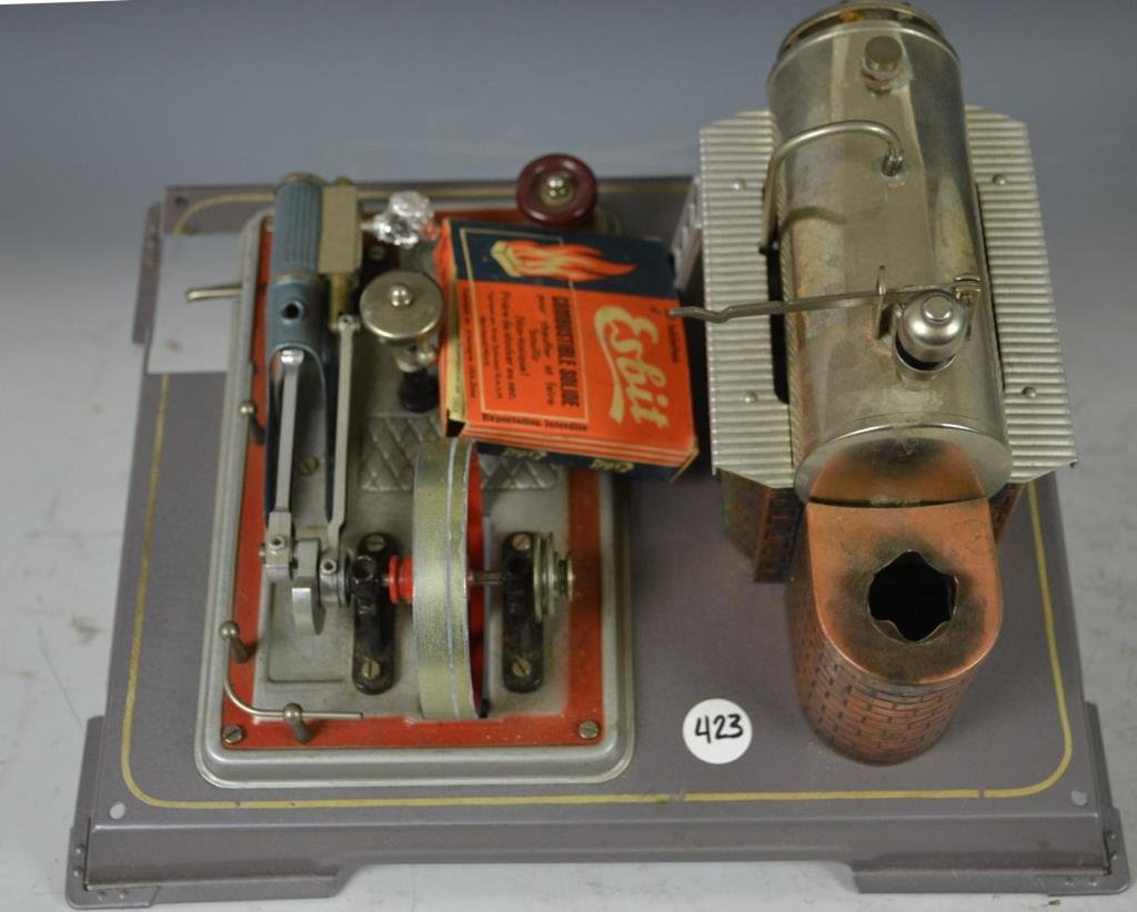 West German Toy Steam Engine With Fuel: Working model of a steam engine, marked made in Western Germany, includes one original box of Esbit Dry Fuel for the steam engine
