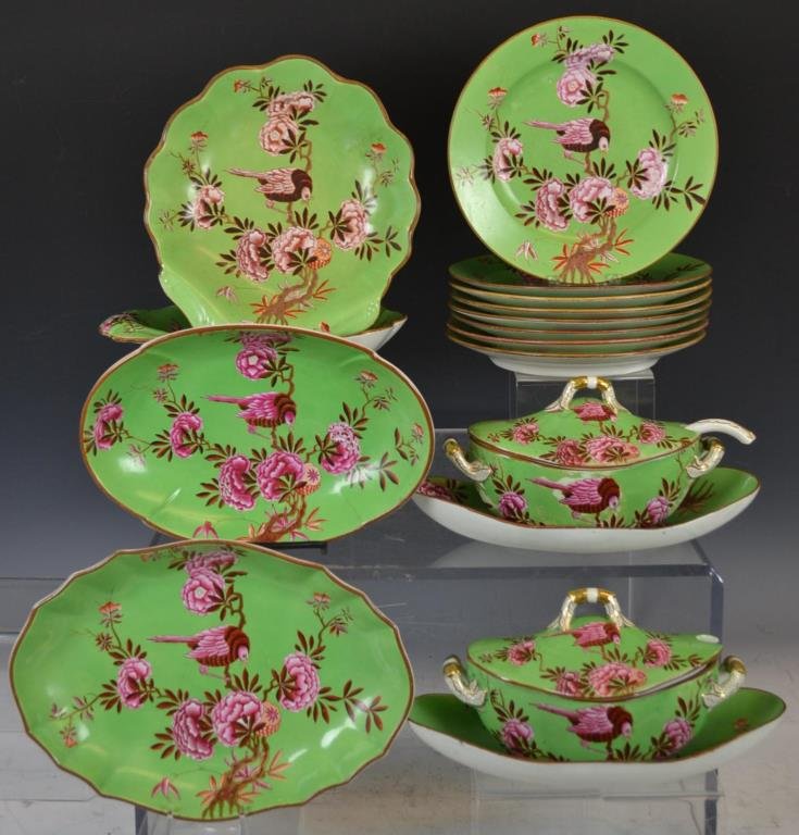 19th C Spode Tumbledown Dick Pattern Partial Desse: 19th C Spode 17 piece Tumbledown Dick pattern partial dessert service, including eight 8" plates, two sauce tureens with stands, two shell dishes, and two oval shaped dishes, all in the Tumbledown Dic