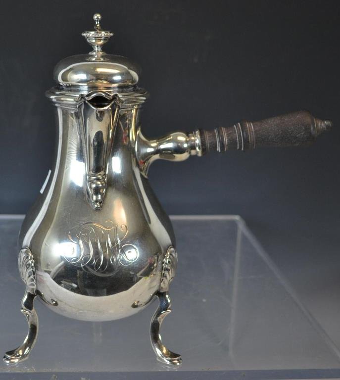 Silver Chocolate Po, .800: Silver Chocolate Pot .800 Silver chocolate pot on three legs bearing the inscription "made from her mother's wedding silver, found in the ashes of the Elm of New London Conn which was burned in 1897"