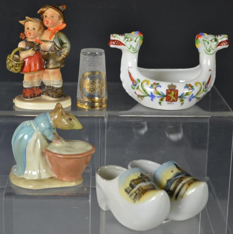 Beatrix Potter Beswick England Mouse, Hummel and: Beatrix Potter "Anna Maria" mouse stirring a bowl, a Hummel in the form of a pair of siblings 94 3/0 Western Germany, a gilt shot glass from Rudelsburg and a pair of souvenir shoes from Scherening, an