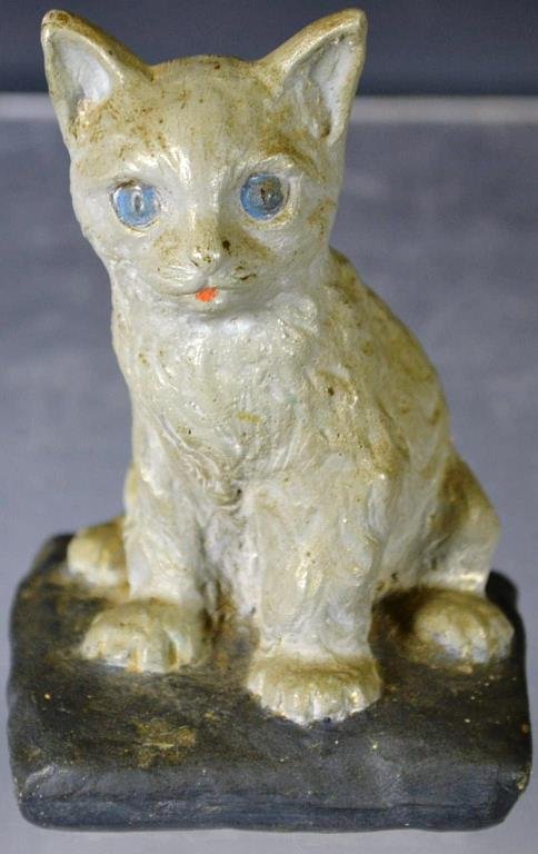 Early 20th C Chalkware Cat: Early 20th C painted chalkware figure of a cat, cat is gray, standing 5"h