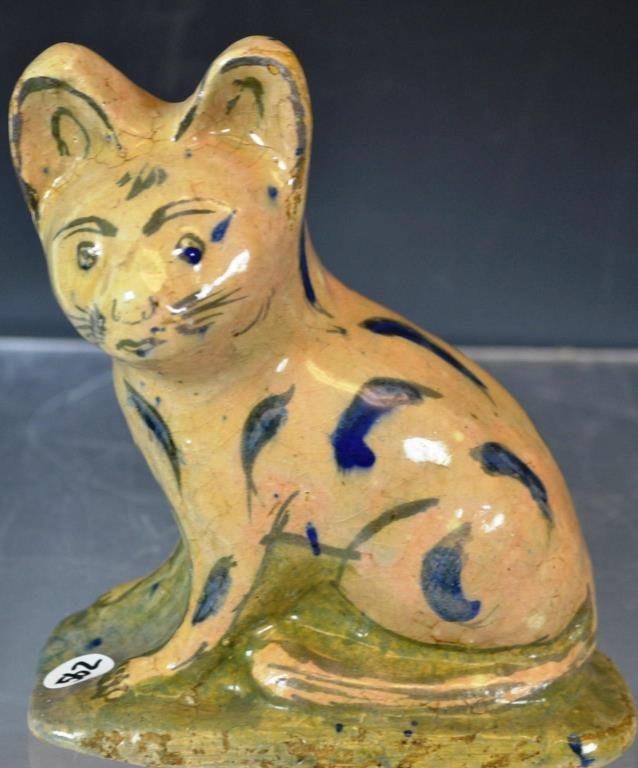 19th Redware Folk Art Cat: 19th C Redware Folk Art figure of a cat, in tin glaze, polychrome decoration, highly detailed, standing 7"h