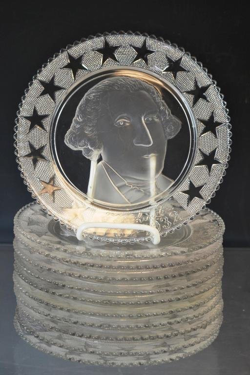 11 EAPG Washington Commemorative Plates: EAPG glass plates featuring a profile of George Washington bearing commemorative date 1732 - 1932 celebrating the Bicentennial of his birth, measuring 9" dia