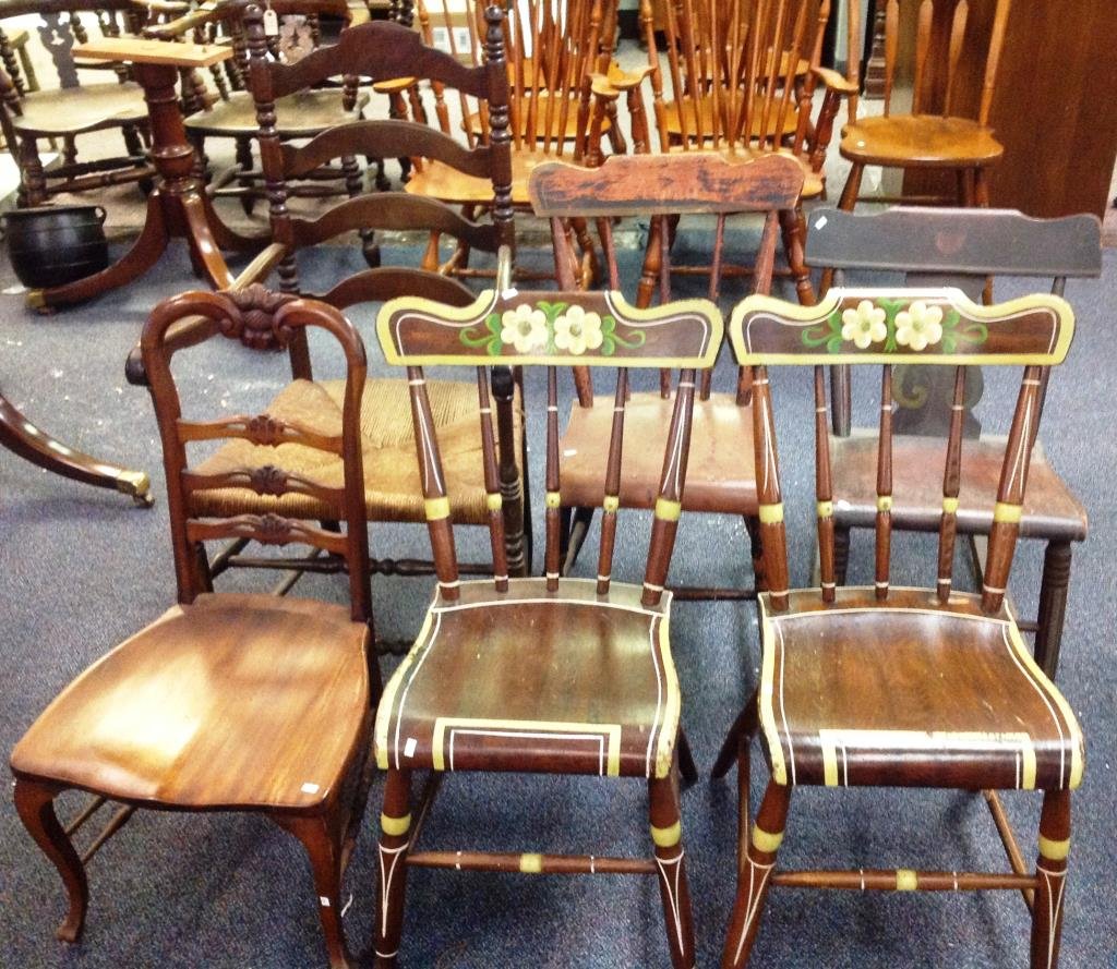Grouping of Antique and Antique Style Chairs: Grouping of antique an antique style chairs, 6 chairs including a Windsor style armchair, 3 plank bottom chairs, rocking chair and Victorian chair (all in as found condition)