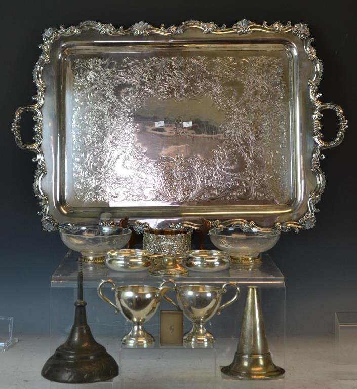 Sterling Silver and Silver Plate Items: Sterling and plated items include; a weighted Sterling Silver sugar and creamer, two Sterling Silver porringers with engraving, a Sterling Silver weighted vase (in as-is condition) a silver plated win