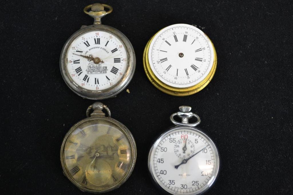 Watch Grouping: Grouping of watches including; a Tobias key wind pocket watch with Swiss cylinder movement, a Brent Stopwatch, a Roskopf pocket watch with locomotive dial, as well as a watch with Swiss repeater movem