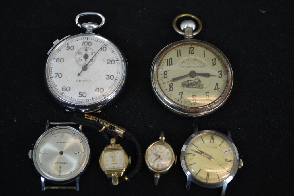 Timepiece and Watch Grouping: Vontage watch grouping including four watches; two men's and two ladies Vontage watches as well as two pocket watches; a Railway Timekeeper Swiss Made (face and case only) and a Croton pocket watch mi