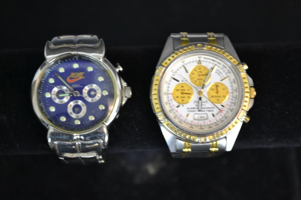 Two Wrist Watches: Pulsar wrist watch marked 1N1810, N944-6A00 as well as a Nike watch