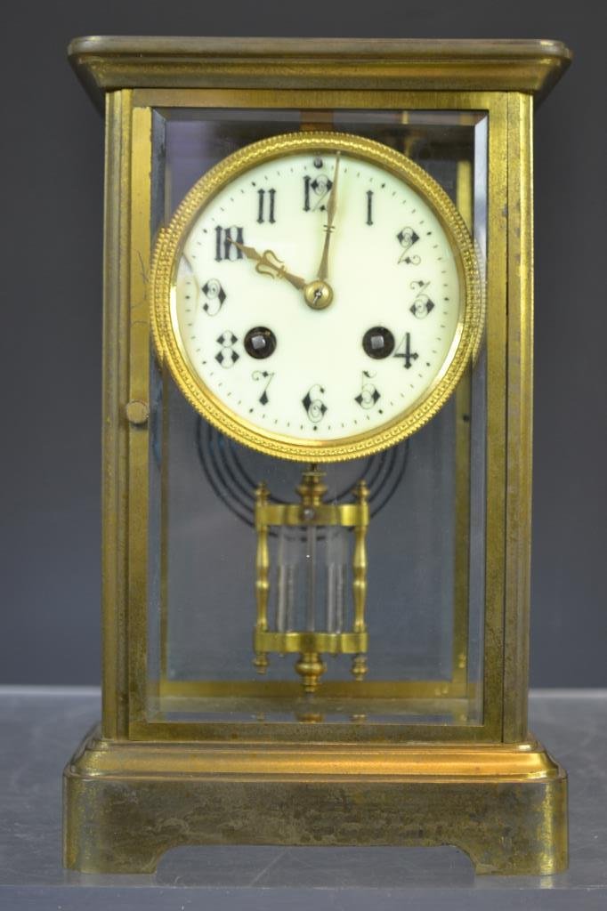 Unsigned French Crystal Regulator Clock in Brass and: Unsigned French crystal regulator clock in Brass and glass, with Mercury Pendulum - appears to be working -stands 10"H