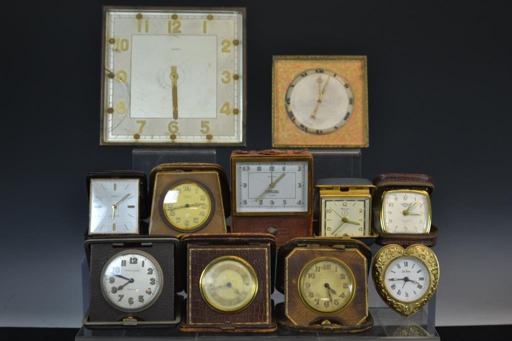 Large Collection of Travel Alarm Clocks: Large collection of travel alarm clocks by various makers including; Waltham, Smeca, Seth Thomas, Fisker, Grenad, and others