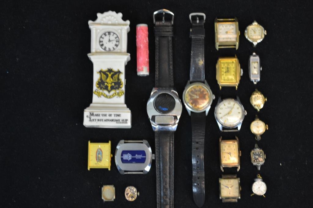 Grouping of Ladies and Men's Wristwatches: Grouping of ladies and men's wristwatches including; Ladies Wittnauer Swiss Gem, Welsbro, Bridge, Endura, Bolva (three) Tradition, Geneve Japanese movement ladies watch with the Madonna hand painted o