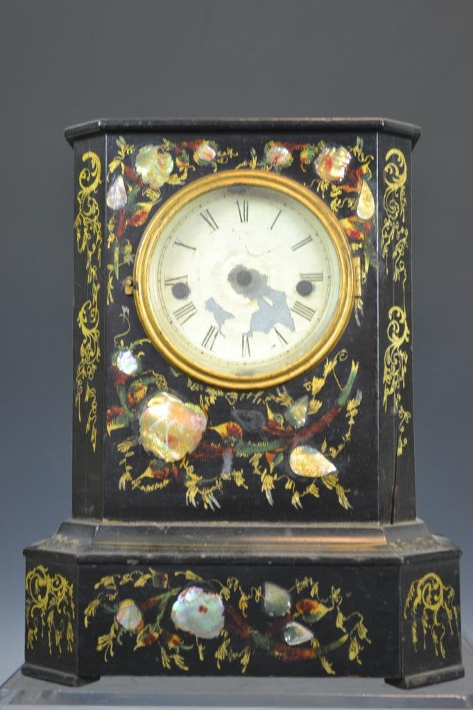 Jerome Fusee Mantle Clock: Jerome Fusee mantle clock with ebonized wood and mother of pearl inlay, works mounted for educational display purposes (missing original back plate) as-found condition, standing appx 13"H, along with 