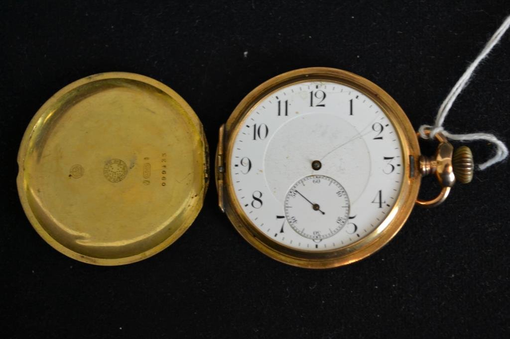 Zenith Pocket Watch in 14K Case: Zenith Hunting Style Pocket watch in a 14K solid Gold Case, 52 mm, 15/7 jewels, movement # 1506323 case #099433, appears to be in working condition (no crystal, no hands, slight hairline to dial, fron