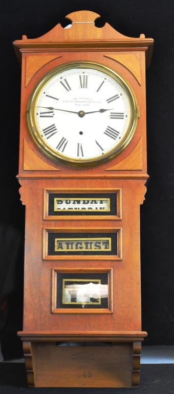 Prentiss 60 Day Empire Model Calendar Wall Clock: Prentiss Improvement Clock Co. 60 Day Empire Model Calendar Wall Clock. 10 in. paper dial (appears to have been replaced) has black Roman hour numerals, dial is marked â€œThe Prentiss Clock Improv