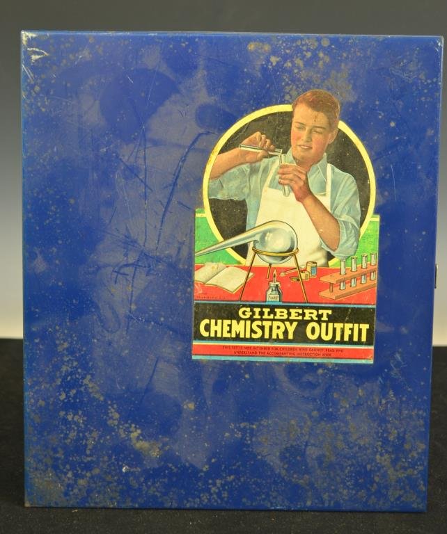 A.C. Gilbert Chemistry Outfit For Boys: AC Gilbert Chemistry outfit, seems to have most if not all vials and bottles, most of which still retain significant material - this is an early kit, not recommended for children