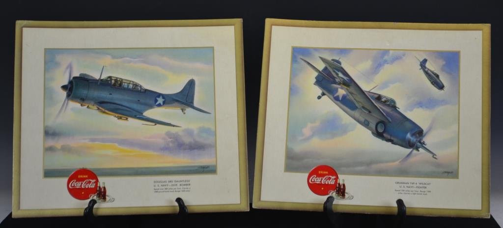 1943 Coca Cola Military Plane Series: Grumman F4F-4 and: WW2 Coca Cola Military Plane Series; two prints including; Grumman F4F-4 and the Douglas SBD Dive Bomber