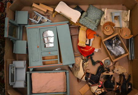 Large Grouping of Dollhouse Furniture and Accessories: Large Grouping of Doll House including miniature pewter items, style feature, oriental rugs, miniature vacuum cleaner, miniature paintings, Winsor Chairs, and more in varying degrees of condition from