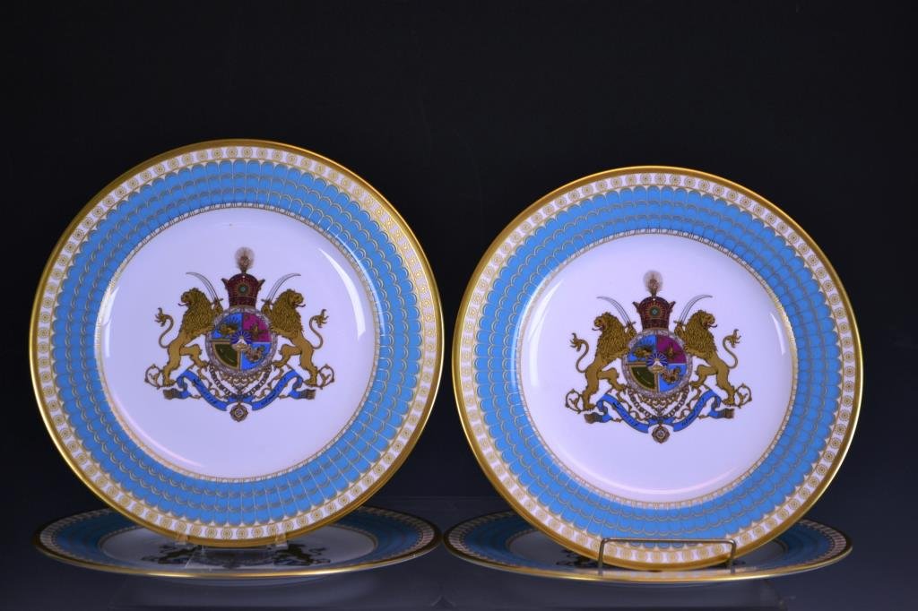 The Imperial Plate of Persia Four Spode Porcelain: Spode Porcelain Plates depicting the Imperial Seal of Persia, commemorating 2500 years of Persian monarchy, enamelled and gilt decoration, limited edition of 10,000, 10.5" Diameter, dated 197l, excell
