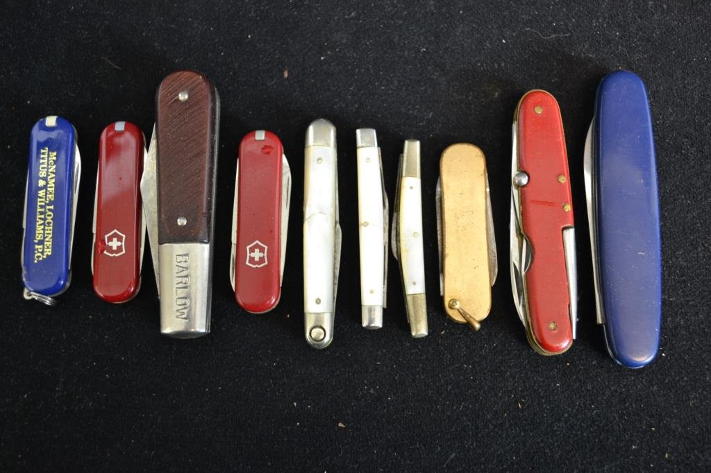 Pocket and Pen Knive Collection Including Barlow, Inox,: Collection of ten pocket and pen knives including; a Barlow folding knife (blade length 2.5", closed length 3.5", three German Mother of Pearl pocket knives, three small Swiss Army Knives, a vintage I