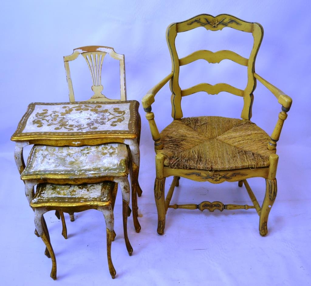 French Provincial Style Seating and Nested Tables: French Provincial style grouping includes; three nesting tables, a armchair with woven seat, and another chair with woven reed seat, largest table measures 23"H x 21"Wx 13"D