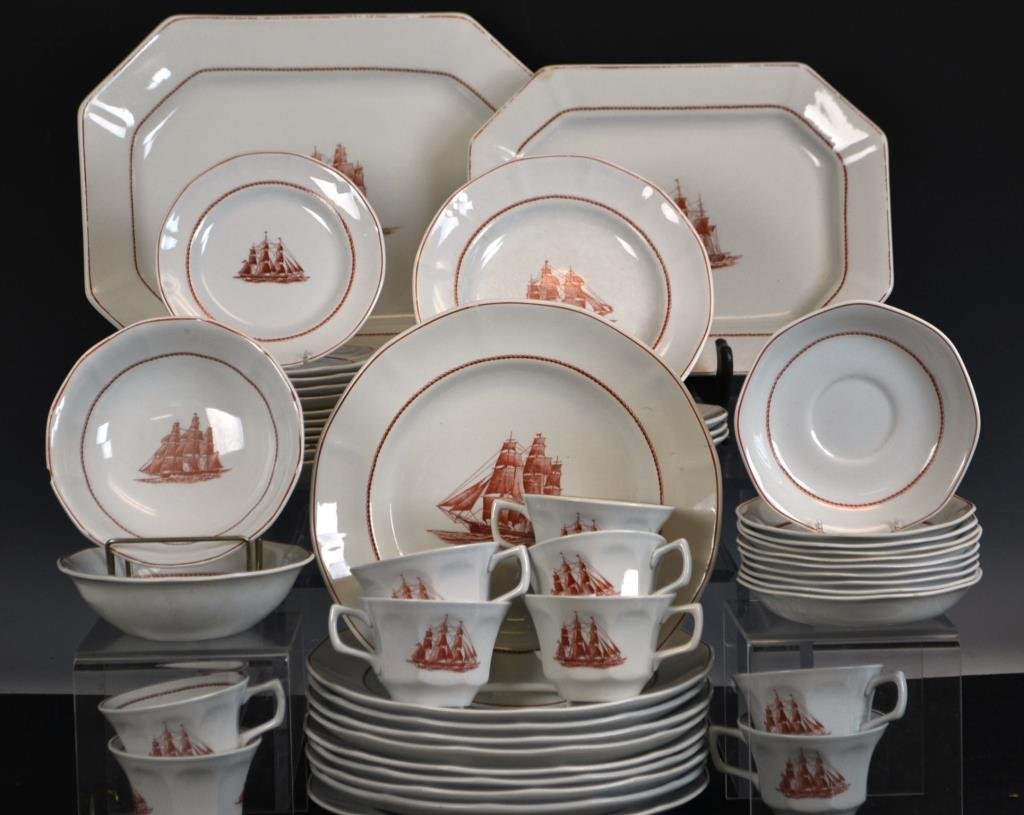 English Wedgewood Flying Cloud 1850 Game Cock Partial: Wedgewood Flying Cloud partial dinner service with the 1850 Clipper Ship "Game Cock" in red transfer, partial service includes; ten 10" bowls, two 6" dia bowls, twelve 6" plates, four 8" plates, nine 