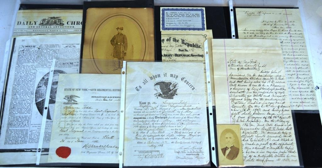 Civil War Photograph and Historic Documents Pertaining: Civil War photograph and historical documents pertaining to Captain Luzerne Todd (21 December 1821 - 10 March 1910) of the Corning NY Company, documents including; Warrant of Rank of First Sergeant da