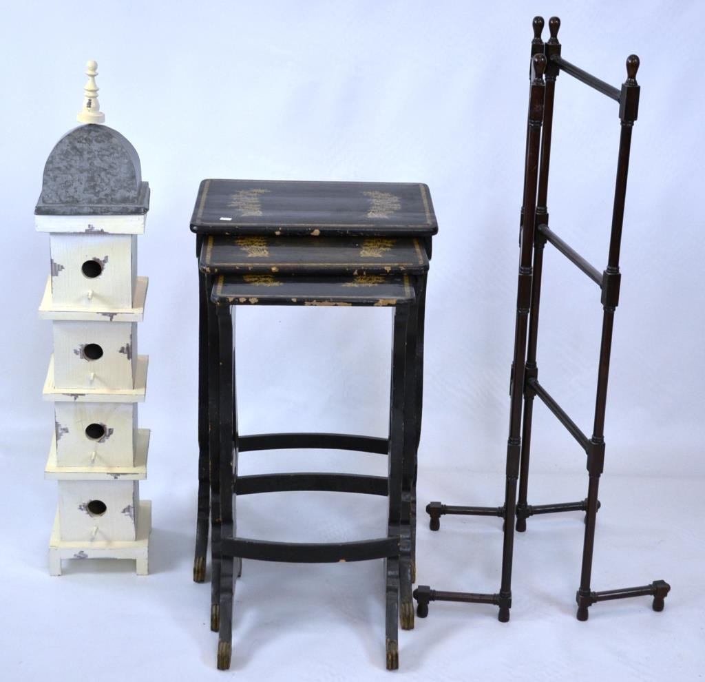 Grouping of Five Decorative Items: Grouping of items include three Chinese style laquered nesting tables (one foot has been repaired) as well as a quilt rack and a 4 story bluebird house