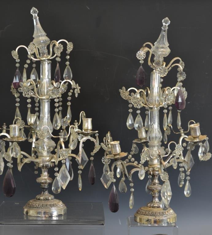 Pair of Crystal Candelabras: Pair of crystal candelabras with silver plate and glass, with three candle branches with clear crystal and amethyst colored glass, standing 20"H