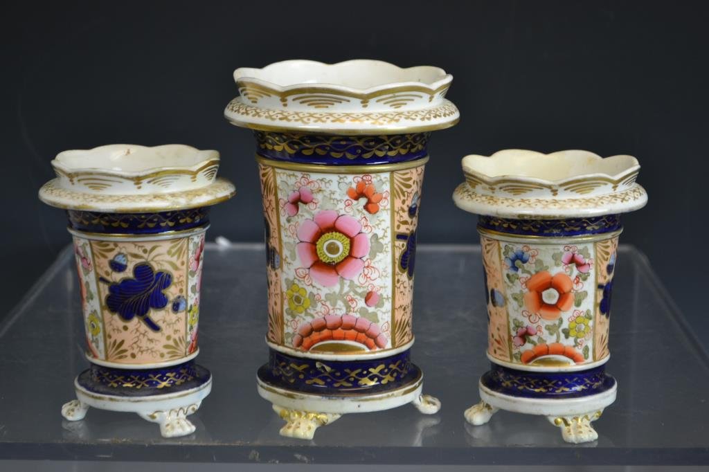 Set of Three Early 19thC Spill Vases: Set of three early 19thC spill vases, attributed to Spode, largest is 6Â½"H, some repairs but no loss