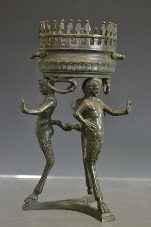 19thC Bronze Lighting Device: 19th C Bronze lighting device, supported by three sassy Fauns, standing 8"H overall